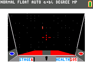 Calculator game TI-Warz depicting a pixalated image of the inside of a starfighter
